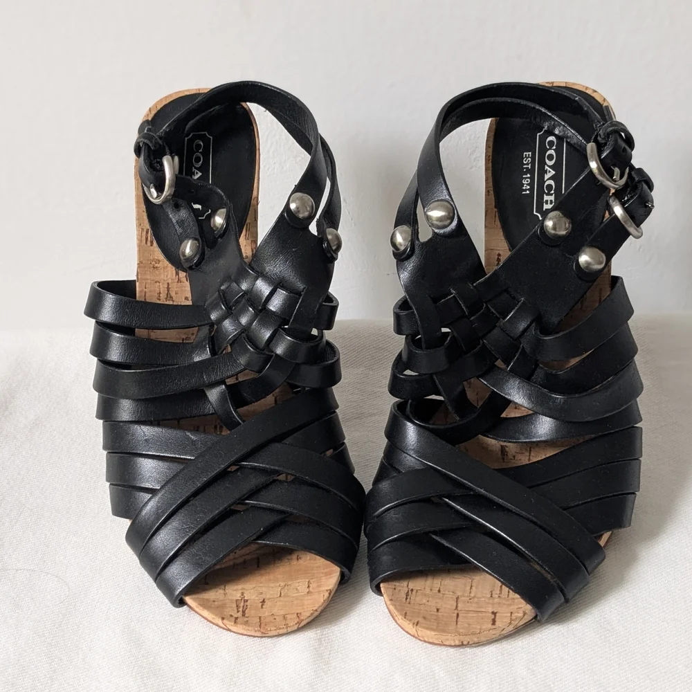 Coach Black Leather Adrienn Strappy Block Heel Cork Sandals 6.5